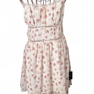 Lulus Floral Smocked Mini Dress Women's Large White Pink Casual Summer NWT